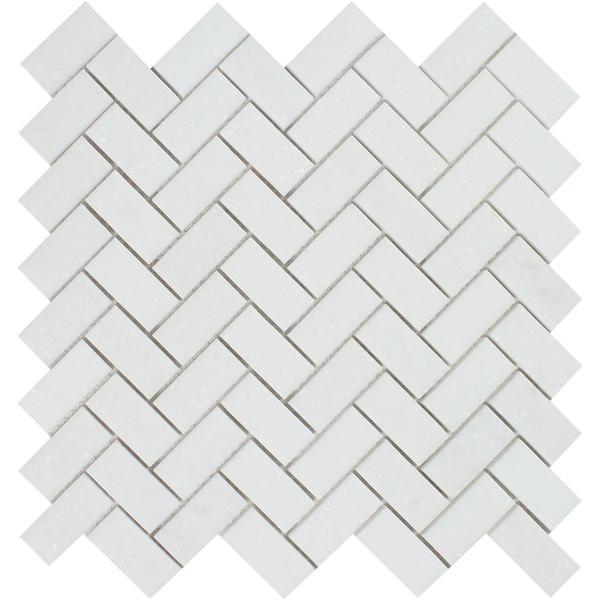 1 x 2 Honed Thassos White Marble Herringbone Mosaic Tile