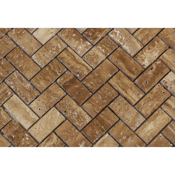 1 x 2 Unfilled Brushed Noce Exotic (Vein-Cut) Travertine Herringbone Mosaic Tile