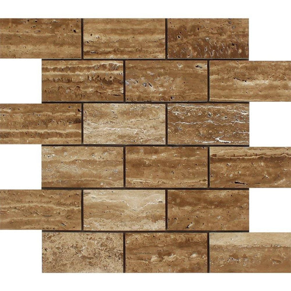 2 x 4 Unfilled Brushed Noce Exotic (Vein-Cut) Travertine Brick Mosaic Tile