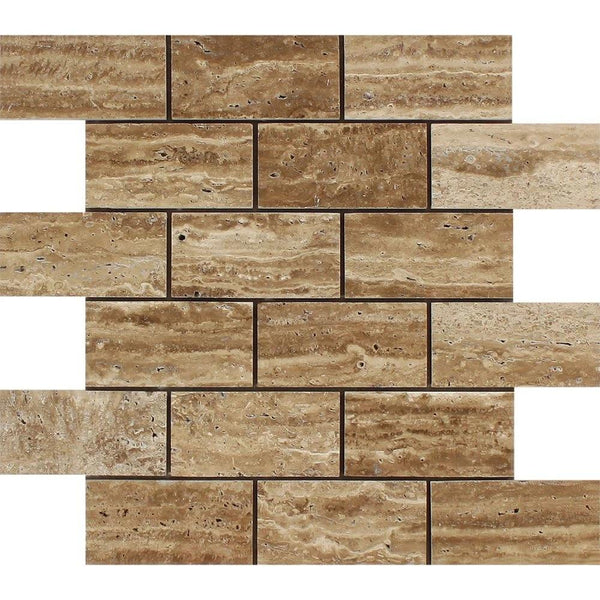 2 x 4 Unfilled Polished Noce Exotic (Vein-Cut) Travertine Brick Mosaic Tile