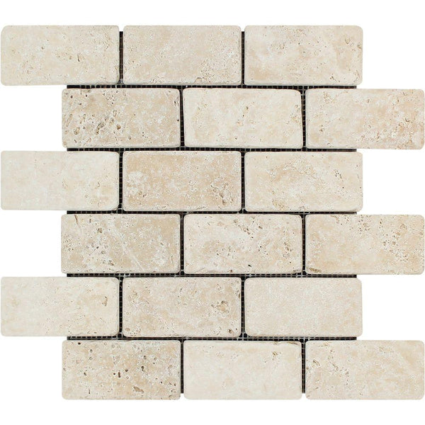 2 x 4 Tumbled Ivory Travertine Brick Mosaic Tile