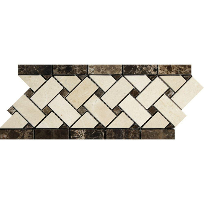 Crema Marfil Polished Marble Basketweave Border w/ Emp. Dark Dots