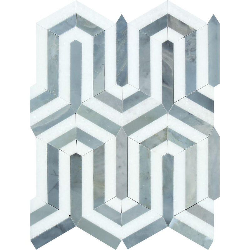 Thassos White Honed Marble Berlinetta Mosaic Tile (Thassos w/ Blue-Gray)