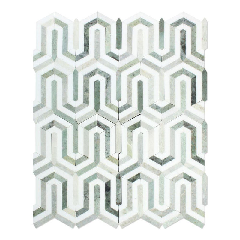 Thassos White Honed Marble Berlinetta Mosaic Tile (Thassos w/ Ming Green)