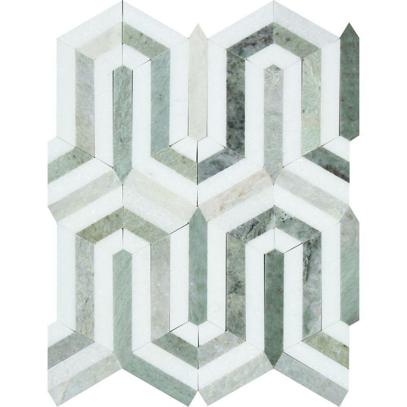 Thassos White Honed Marble Berlinetta Mosaic Tile (Thassos w/ Ming Green)