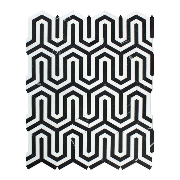 Thassos White Polished Marble Berlinetta Mosaic Tile (Thassos w/ Black)