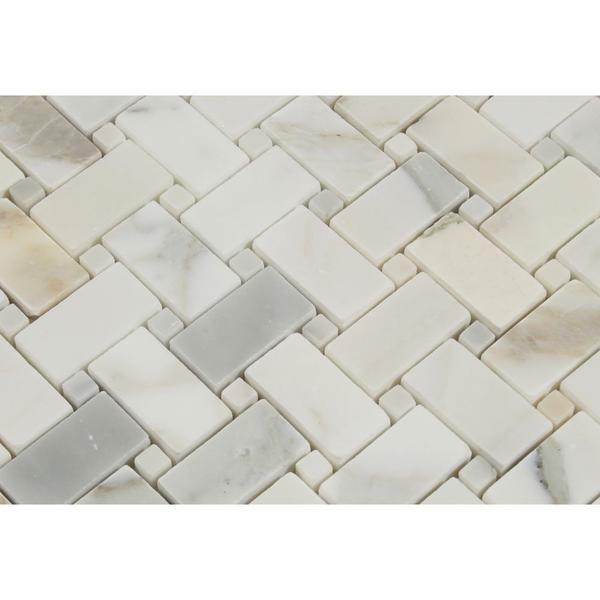 Calacatta Gold Honed Marble Basketweave Mosaic Tile w/ Calacatta Gold Dots