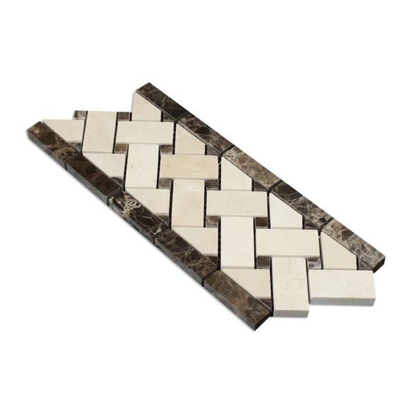 Crema Marfil Polished Marble Basketweave Border w/ Emp. Dark Dots