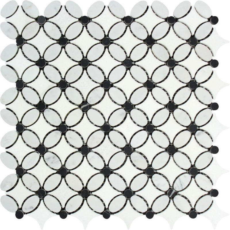 Bianco Carrara Honed Marble Florida Flower Mosaic Tile (Thassos + Carrara (Oval) + Black (Dots))