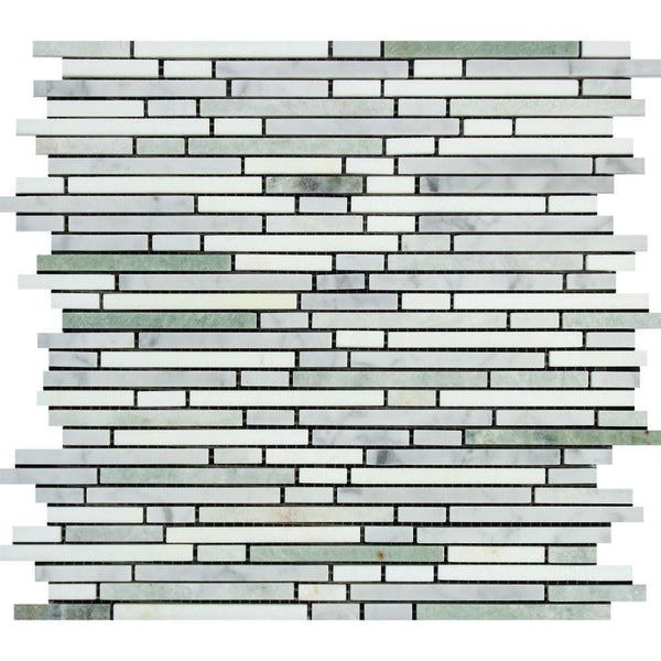 Thassos White Honed Marble Bamboo Sticks  Mosaic Tile (Thassos + Carrara + Ming Green)