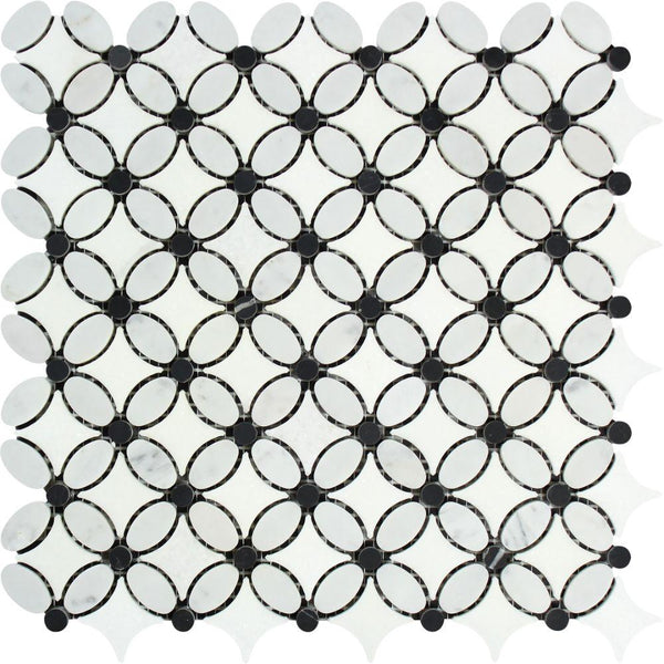 Thassos White Polished Marble Florida Flower Mosaic Tile (Carrara + Thassos (Oval) + Black (Dots))