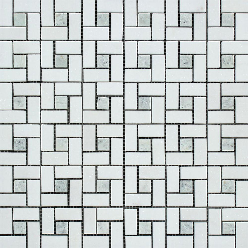 Thassos White Honed Marble Mini Pinwheel Mosaic Tile w/ Ming Green Dots