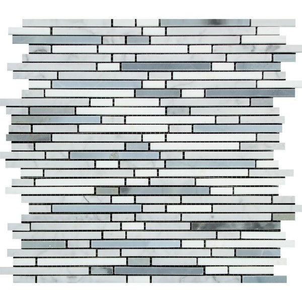 Thassos White Polished Marble Bamboo Sticks  Mosaic Tile (Thassos + Carrara + Blue-Gray)