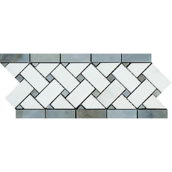 4 3/4x12 Polished Thassos White Marble Basketweave Border w/ Blue-Gray Dots