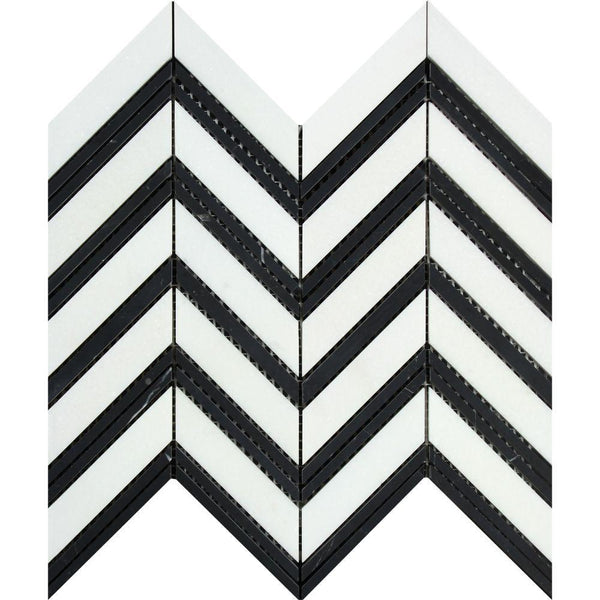 Thassos White Polished Marble Large Chevron Mosaic Tile (Thassos + Black (Thin Strips))