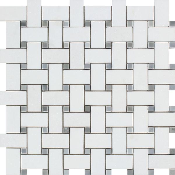 Thassos White Honed Marble Basketweave Mosaic Tile w/ Blue-Gray Dots