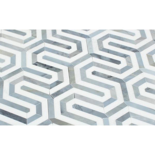 Thassos White Honed Marble Berlinetta Mosaic Tile (Thassos w/ Blue-Gray)