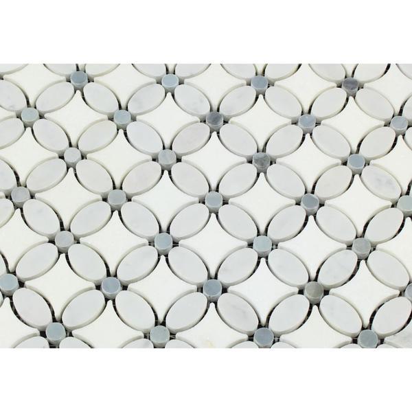 Thassos White Polished Marble Florida Flower Mosaic Tile (Carrara + Thassos (Oval) + Blue-Gray (Dots))