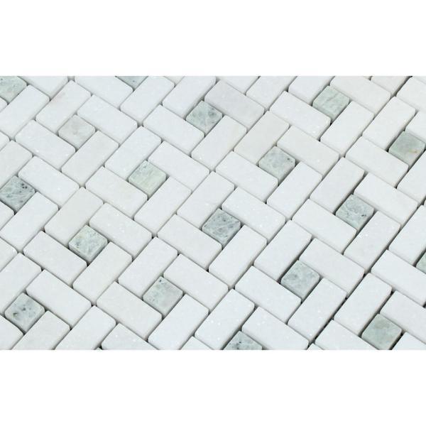 Thassos White Polished Marble Mini Pinwheel Mosaic Tile w/ Ming Green Dots