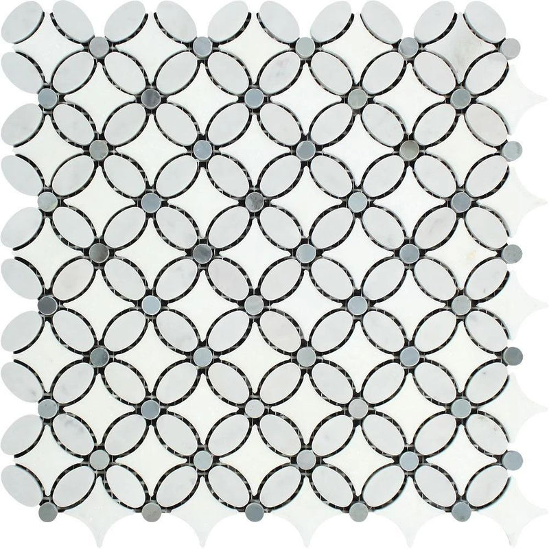 Thassos White Polished Marble Florida Flower Mosaic Tile (Carrara + Thassos (Oval) + Blue-Gray (Dots))